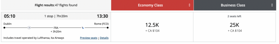 Air Canada booking result showing flights between Dublin and Rome for 12,500 economy and 25,000 business