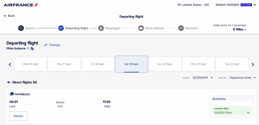 Air France booking page showing a flight from LAX to MEX for 14,000 miles