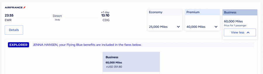 Air France showing economy, premium, and business-class flights from EWR to CDG