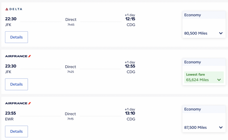 Air France showing three flight options from New York to Paris