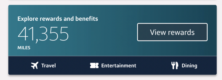 Blue rectangle showing a Capital One rewards balance of 41,355 and three options for using them