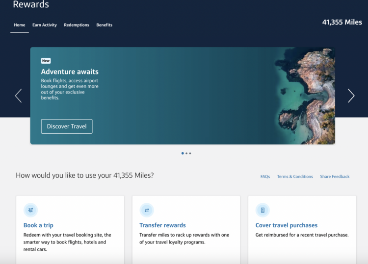 Capital One Rewards home page with blue rectangle saying "adventure awaits" and white squares showing options for using rewards