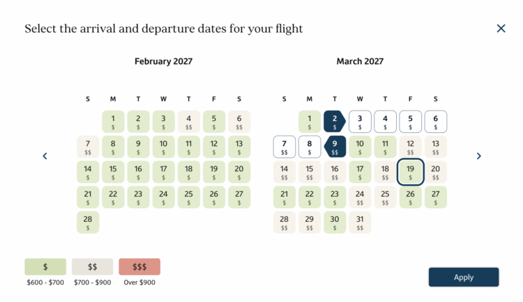 A claendar showing color-coded dates that helps people decide when to book flights