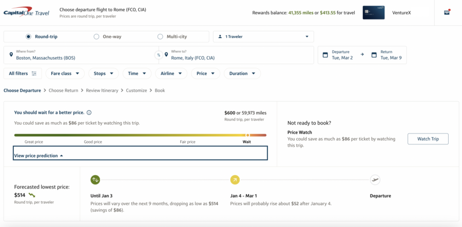 Capital One Travel flight search showing a green, yellow, and red bar with red highlighted and the word "wait"