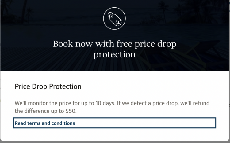 Black and white box describing Capital One price drop protection where you can get $50 back if the price drops within 10 days of booking