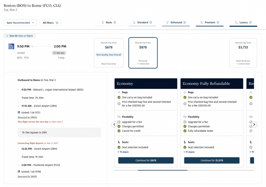Capital One Travel portal flight options from BOS to FCO showing economy seats and the benefits included