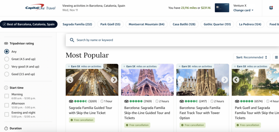 Capital One Travel showing activities that can be booked in Barcelona