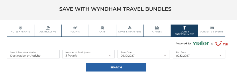 Wyndham Travel Bundles search bar
