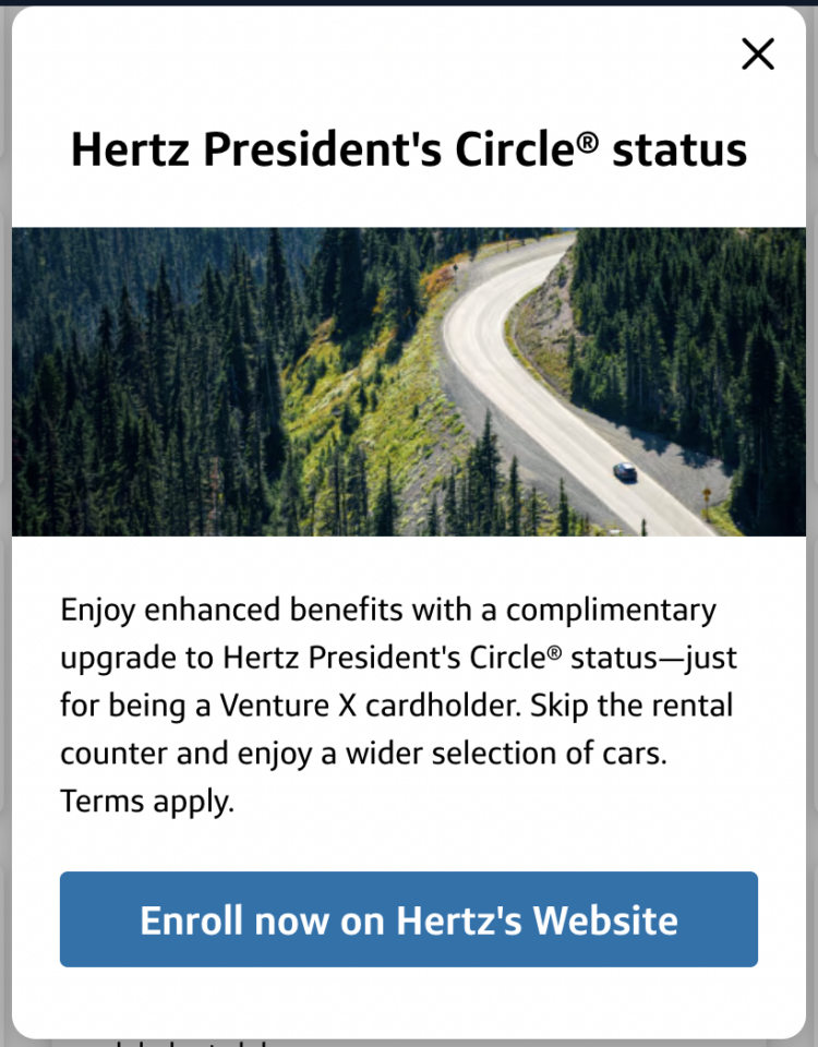 Instructions for enrolling in the Venture X Hertz President's Circle benefit with a blue button to enroll