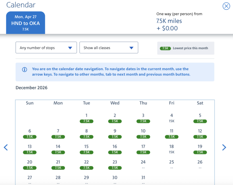 Search results calendar for an award flight with American Airline miles