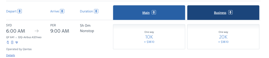 AA award flight search results for a flight from Sydney to Perth