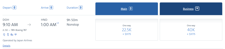 AA award flight search results for flight from Doha to Japan