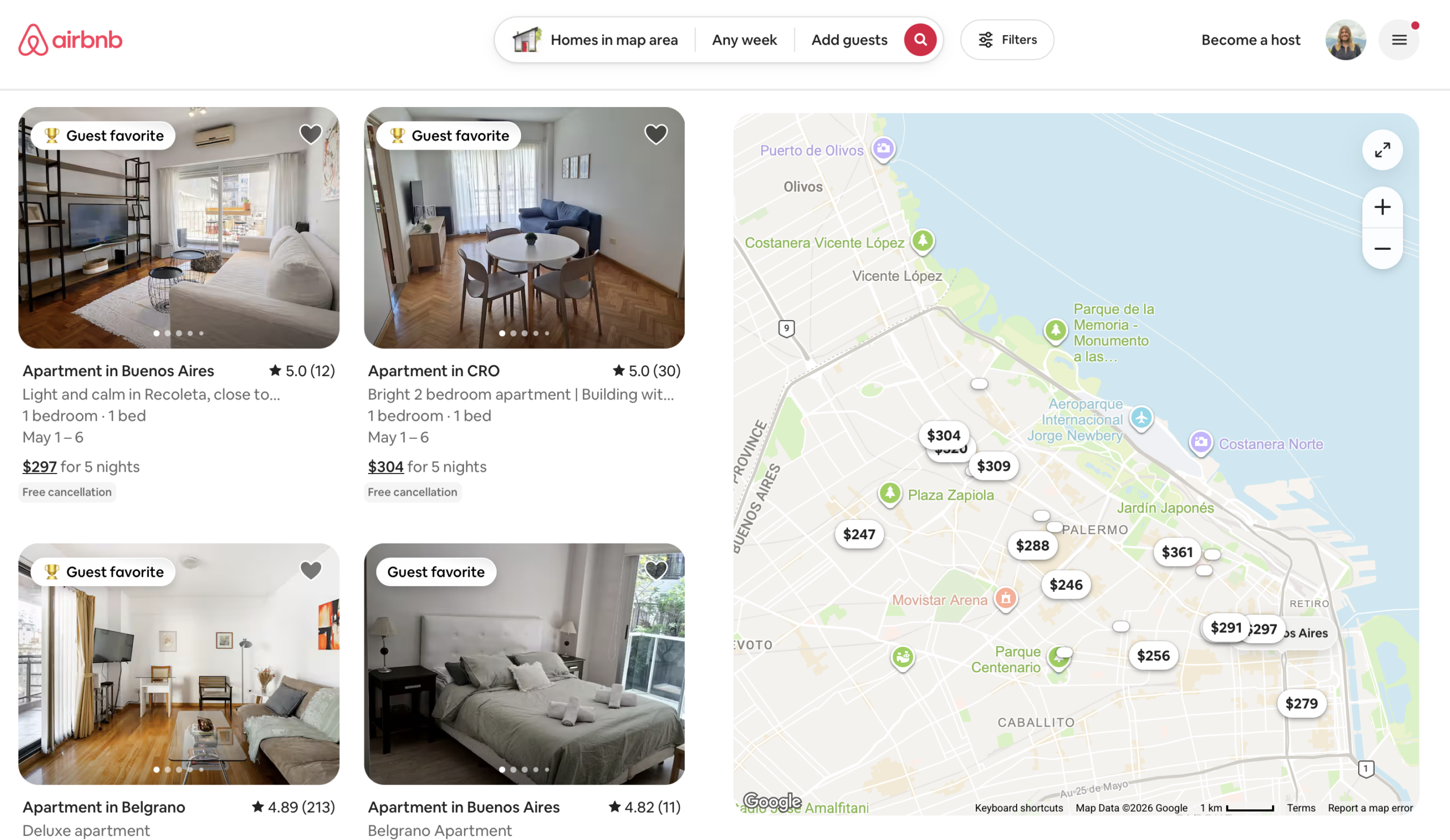 Airbnb search results in Buenos Aires