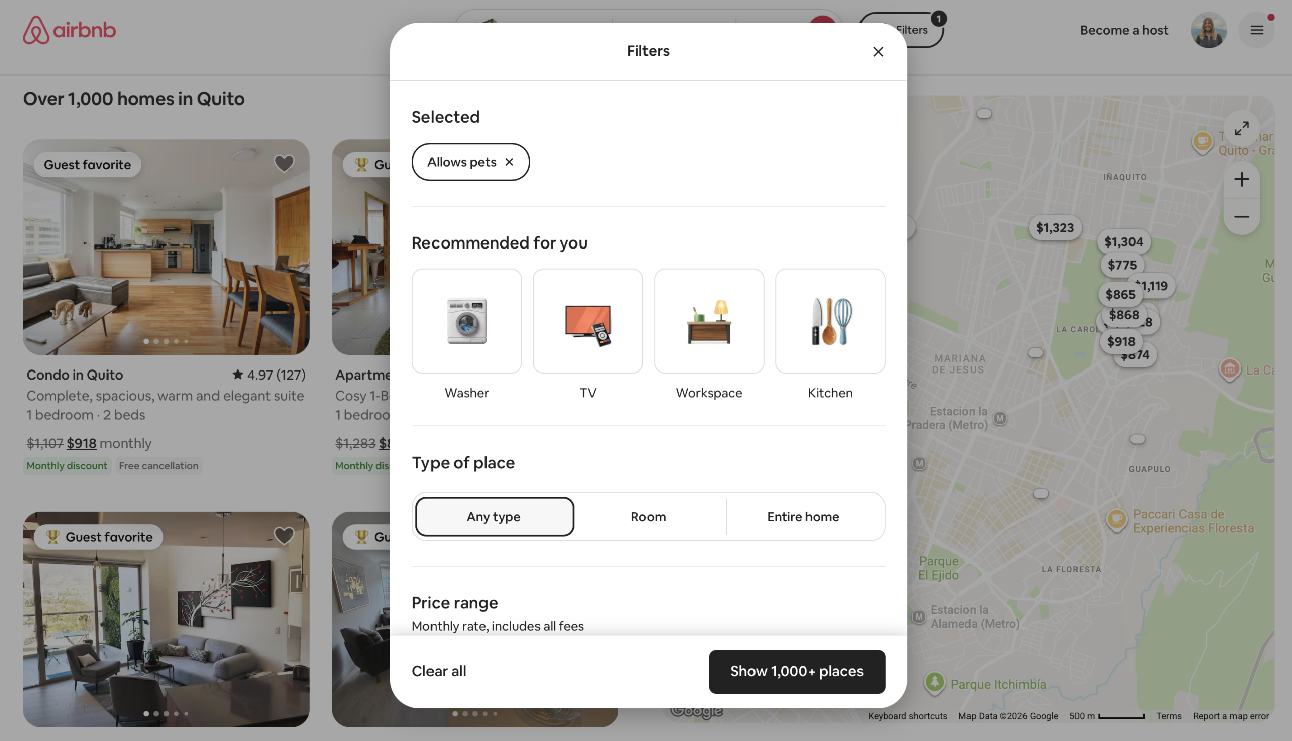 Airbnb search results with the filters selected