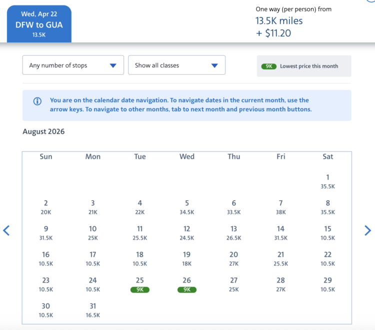 Award search results for flights from DFW to GUA