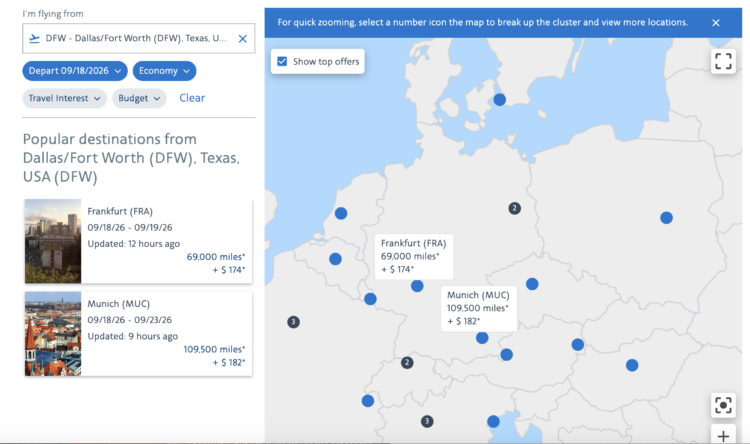 AA Miles Finder Map results for flights from the U.S. to Germany
