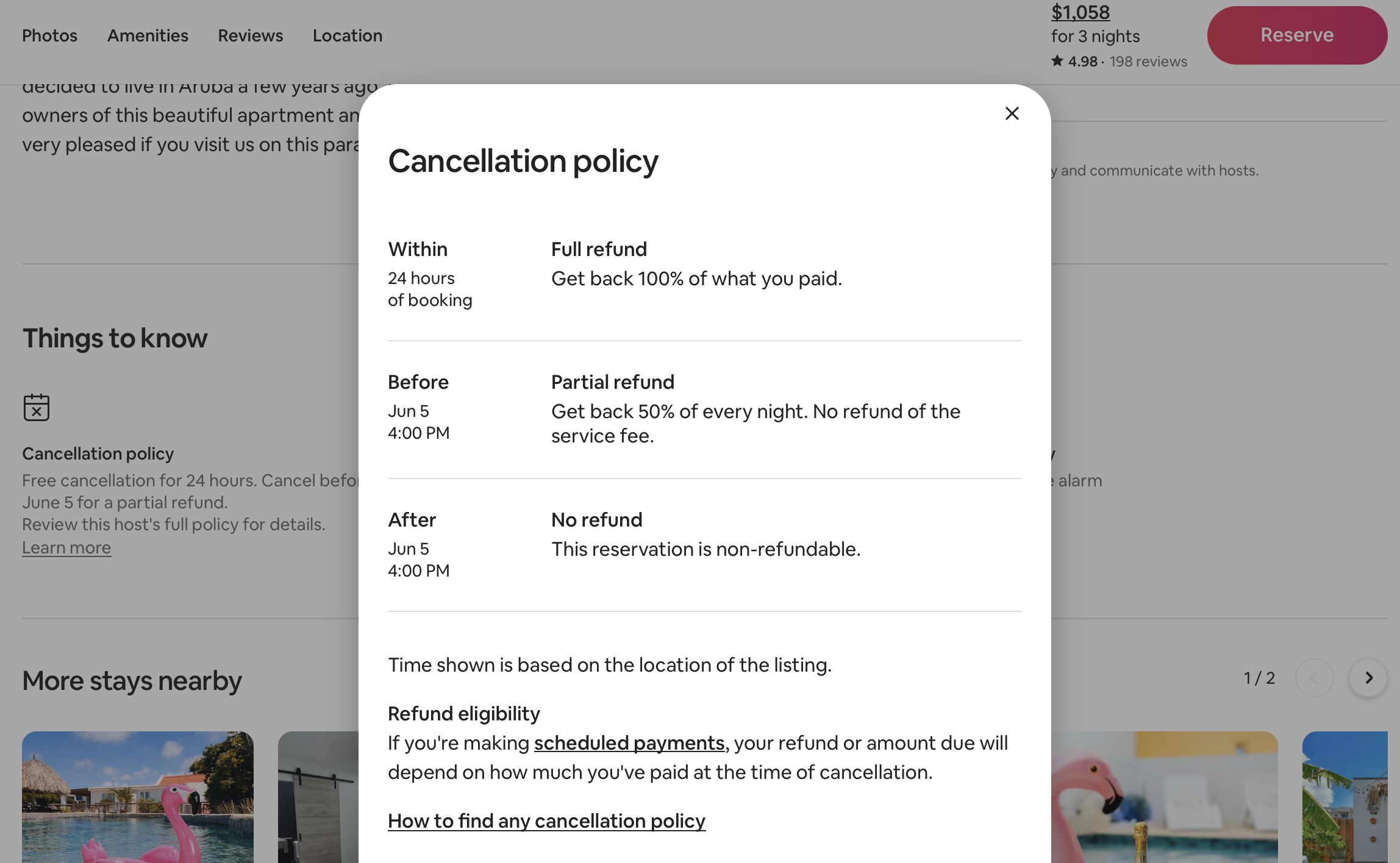 Airbnb cancellation policy for an apartment in Aruba