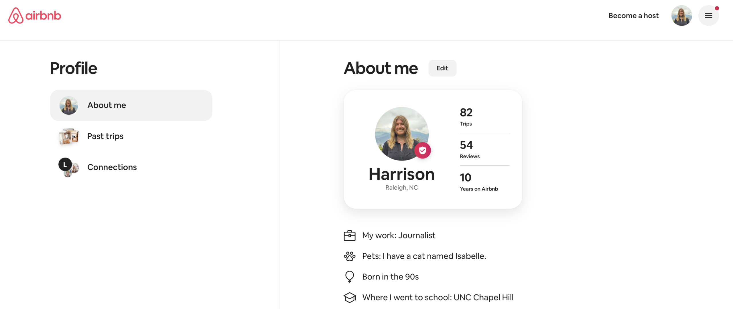 My Airbnb profile showing reviews and past trips