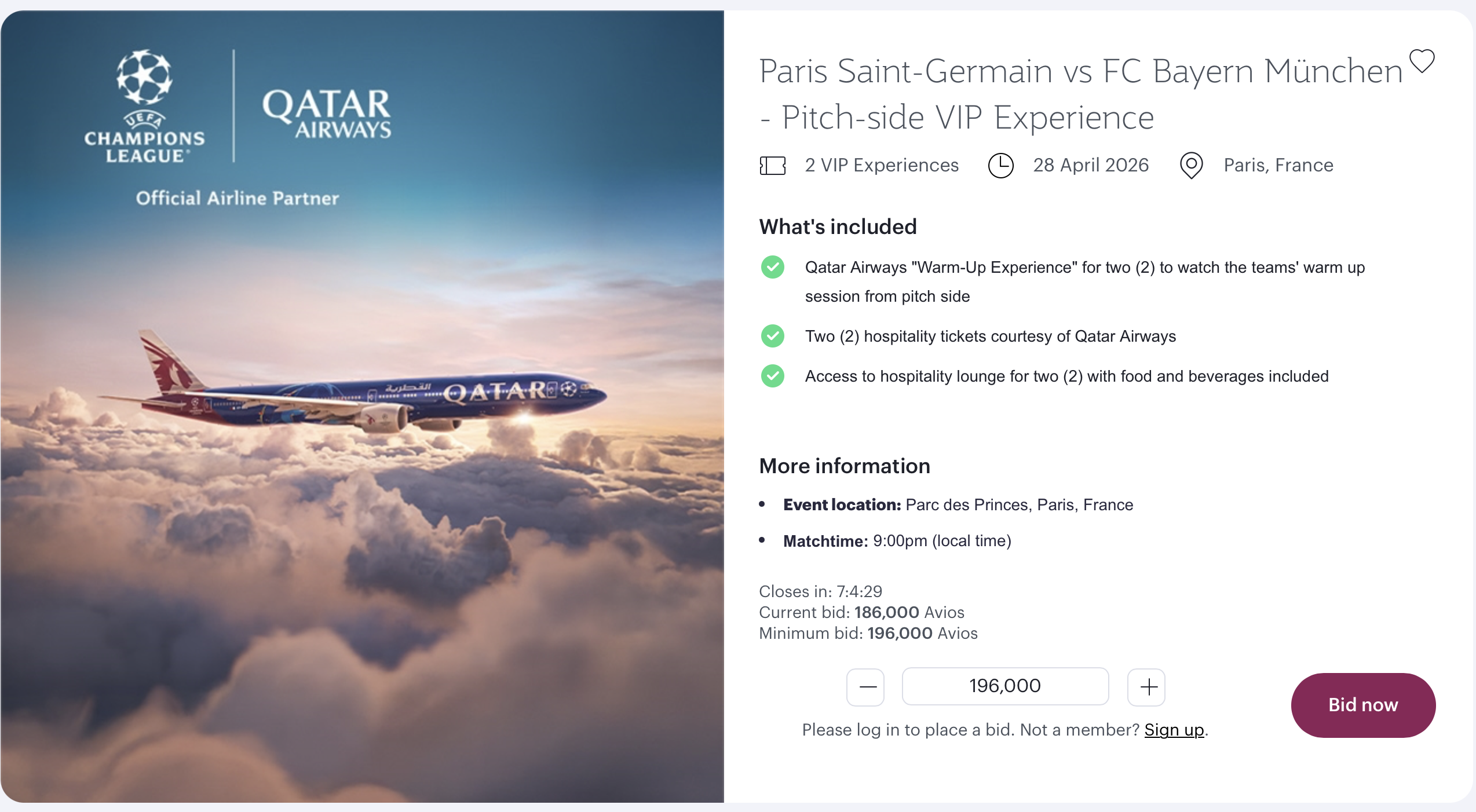 Bid on Paris Saint-Germain vs FC Bayern Munchen match through Privilege Club Collection