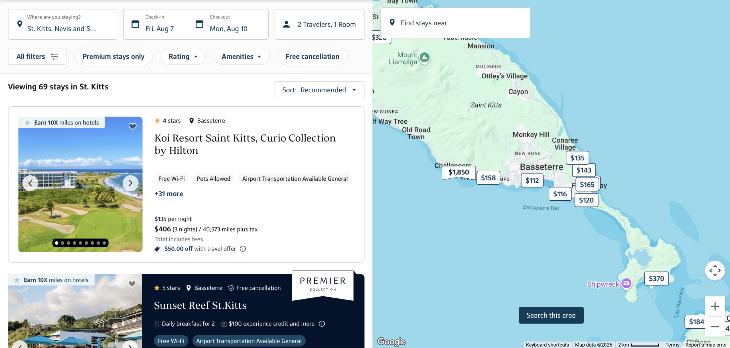 Capital One Travel search results for St. Kitts