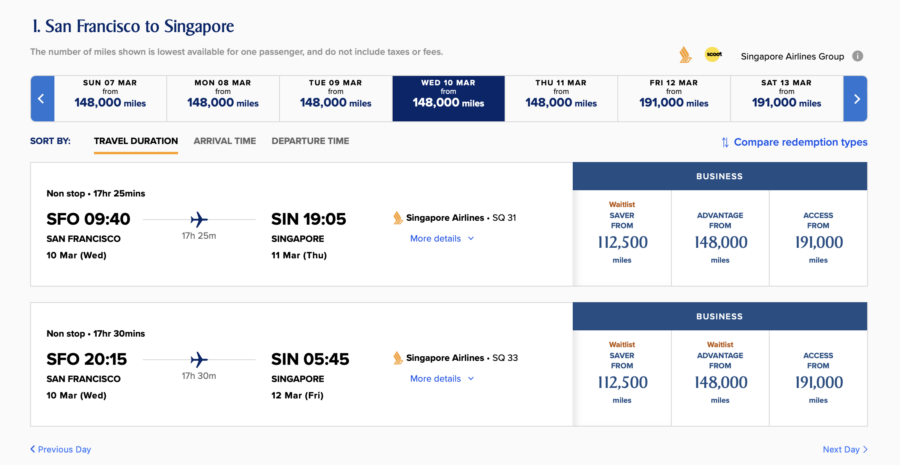 Singapore Air award search results between SFO and SIN