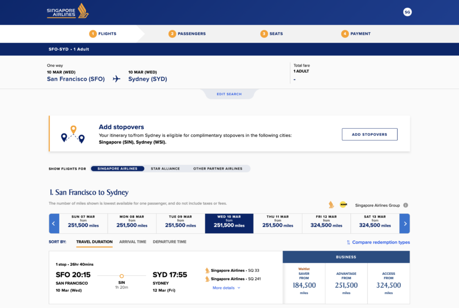 Singapore Air award search with stopover option