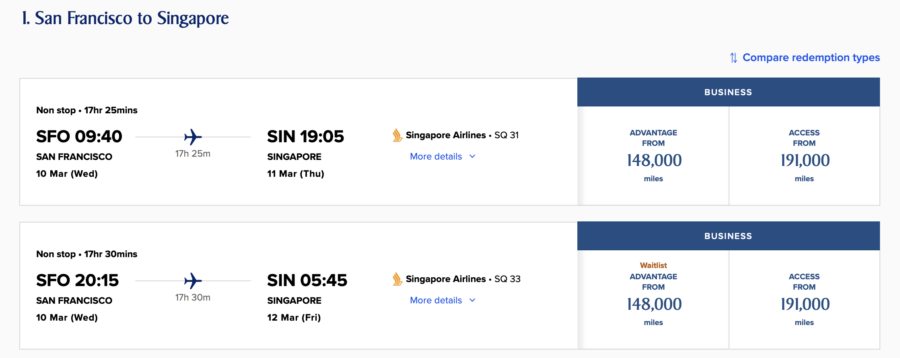 First leg of Singapore Air award search with stopover