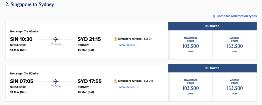 Second leg of Singapore Air award search with stopover