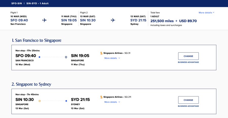 Singapore Air award search from SFO to SYD with a stopover in SIN