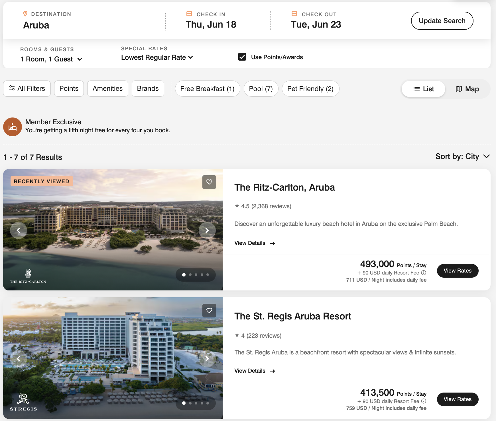 Marriott search results in Aruba with fifth night free benefit applied