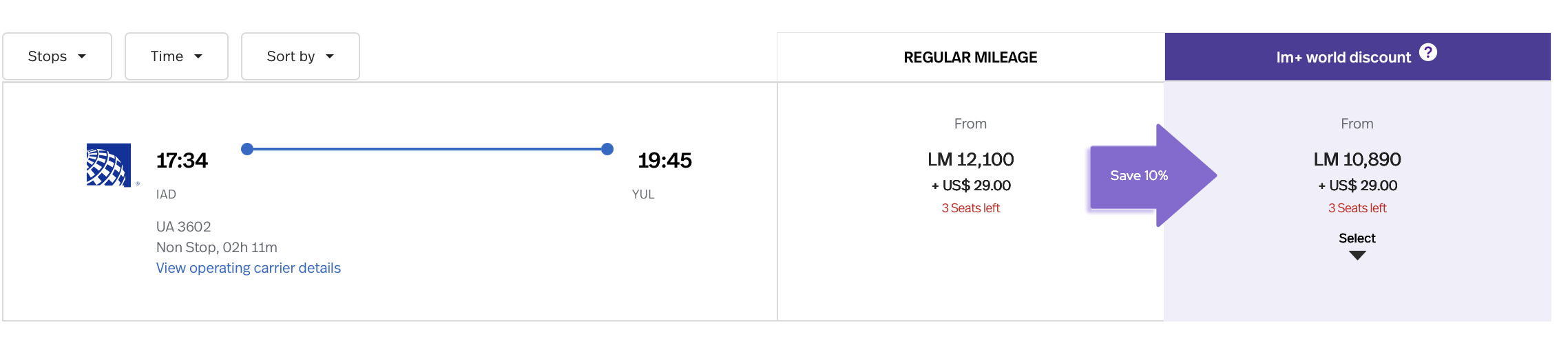 LifeMiles search results for United flight from IAD to YUL