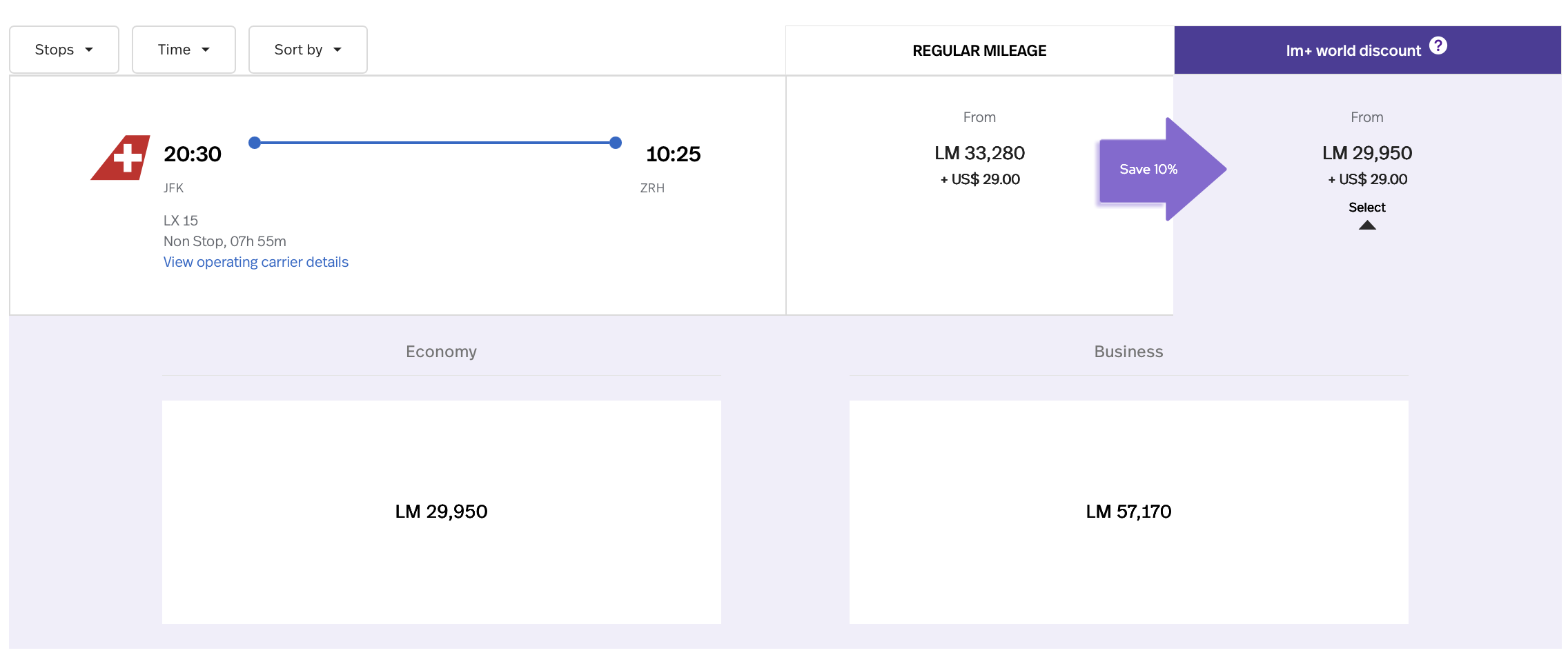 LifeMiles search results for SWISS flight from JFK to ZRH
