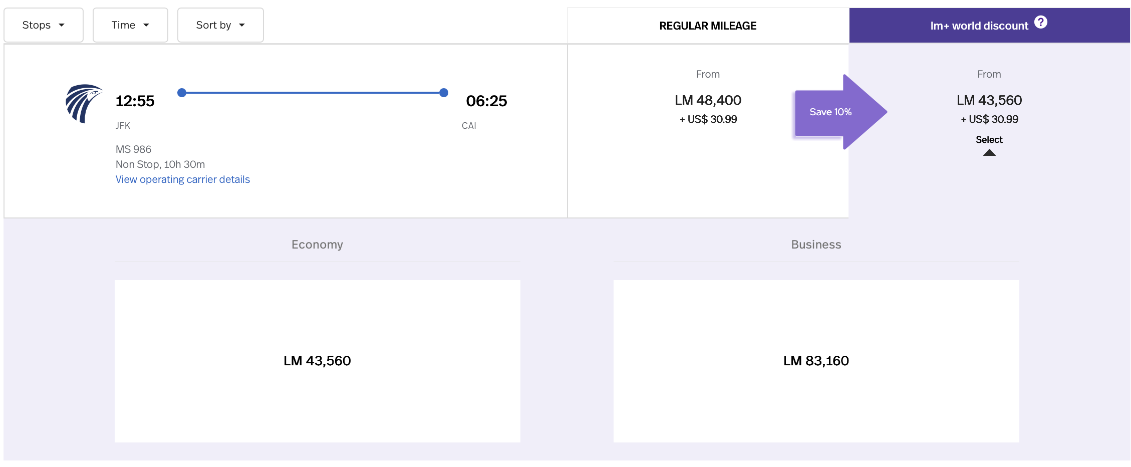 LifeMiles search results for Egyptair flight from JFK to CAI