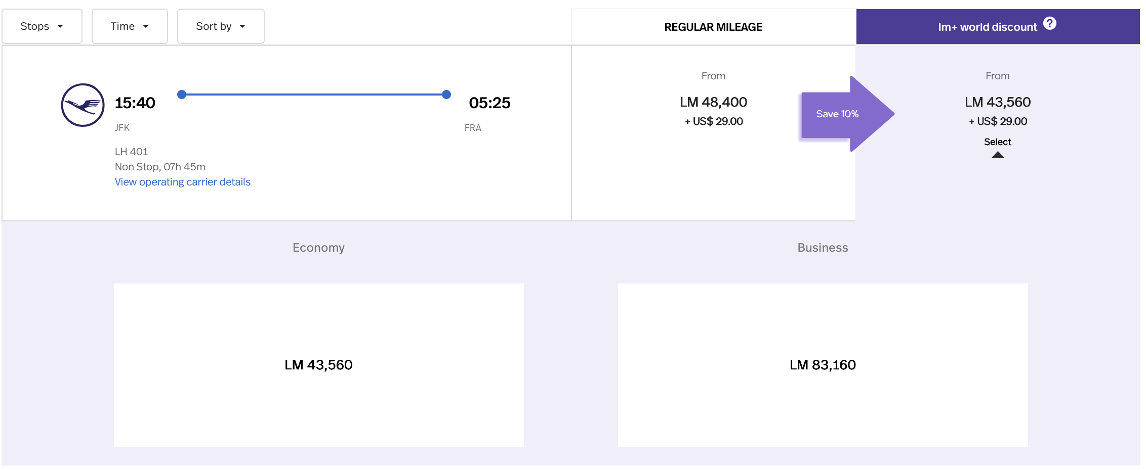 LifeMiles search results for Lufthansa flight from JFK to FRA