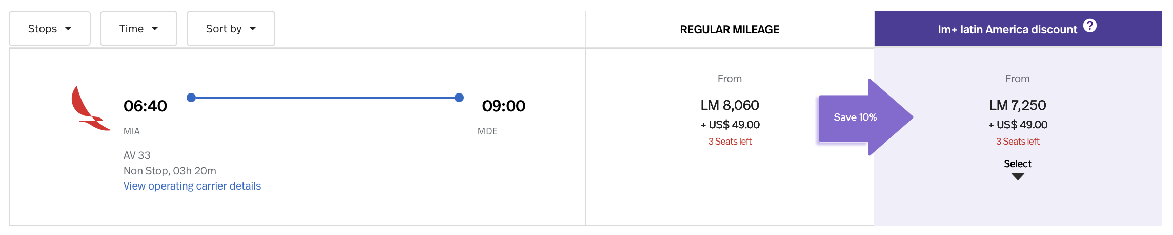 LifeMiles search results for Avianca flight from MIA to MDE