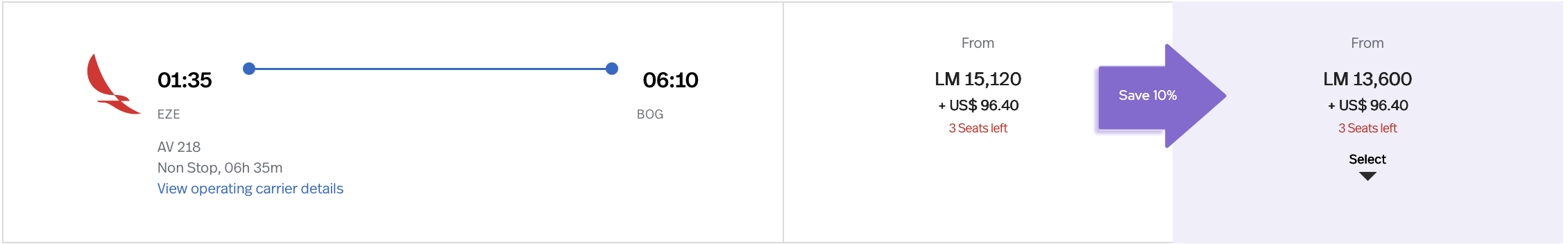 LifeMiles search results for Avianca flight from EZE to BOG