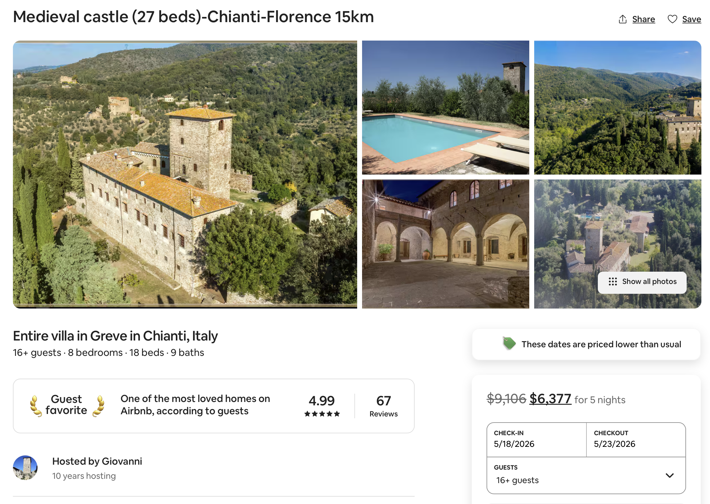 Airbnb listing of a medieval castle showcasing the pool, courtyard and mountain views.