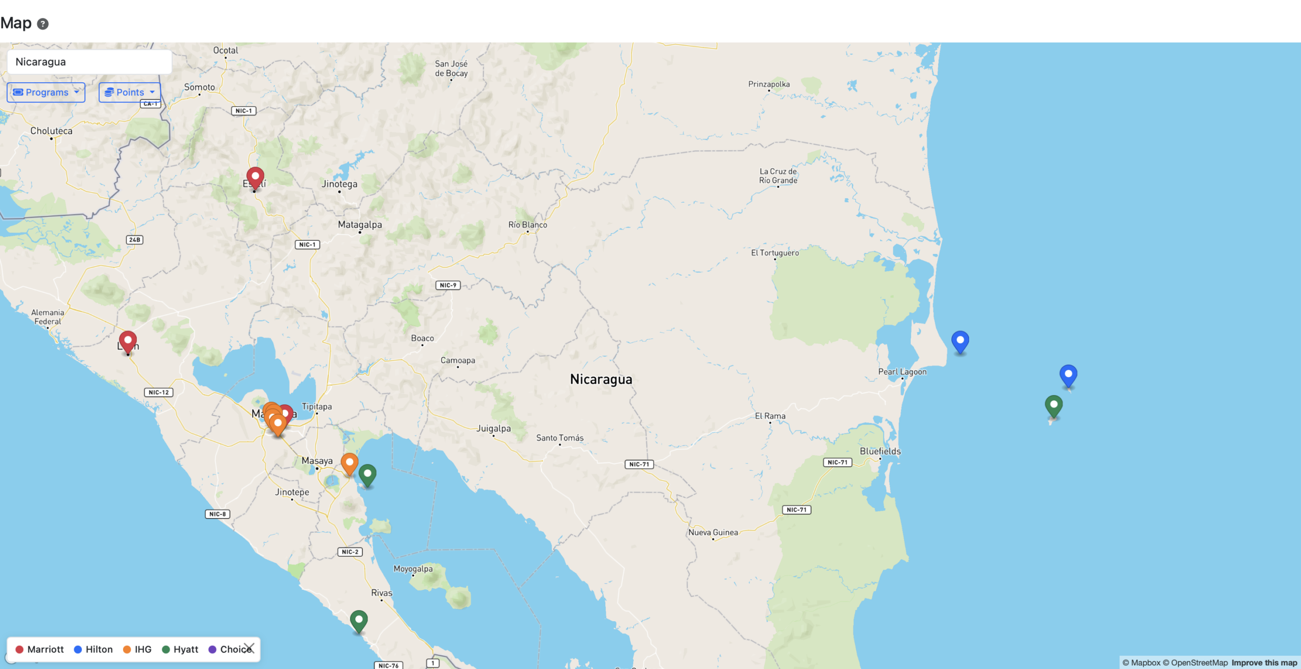 Rooms.aero map results for Nicaragua