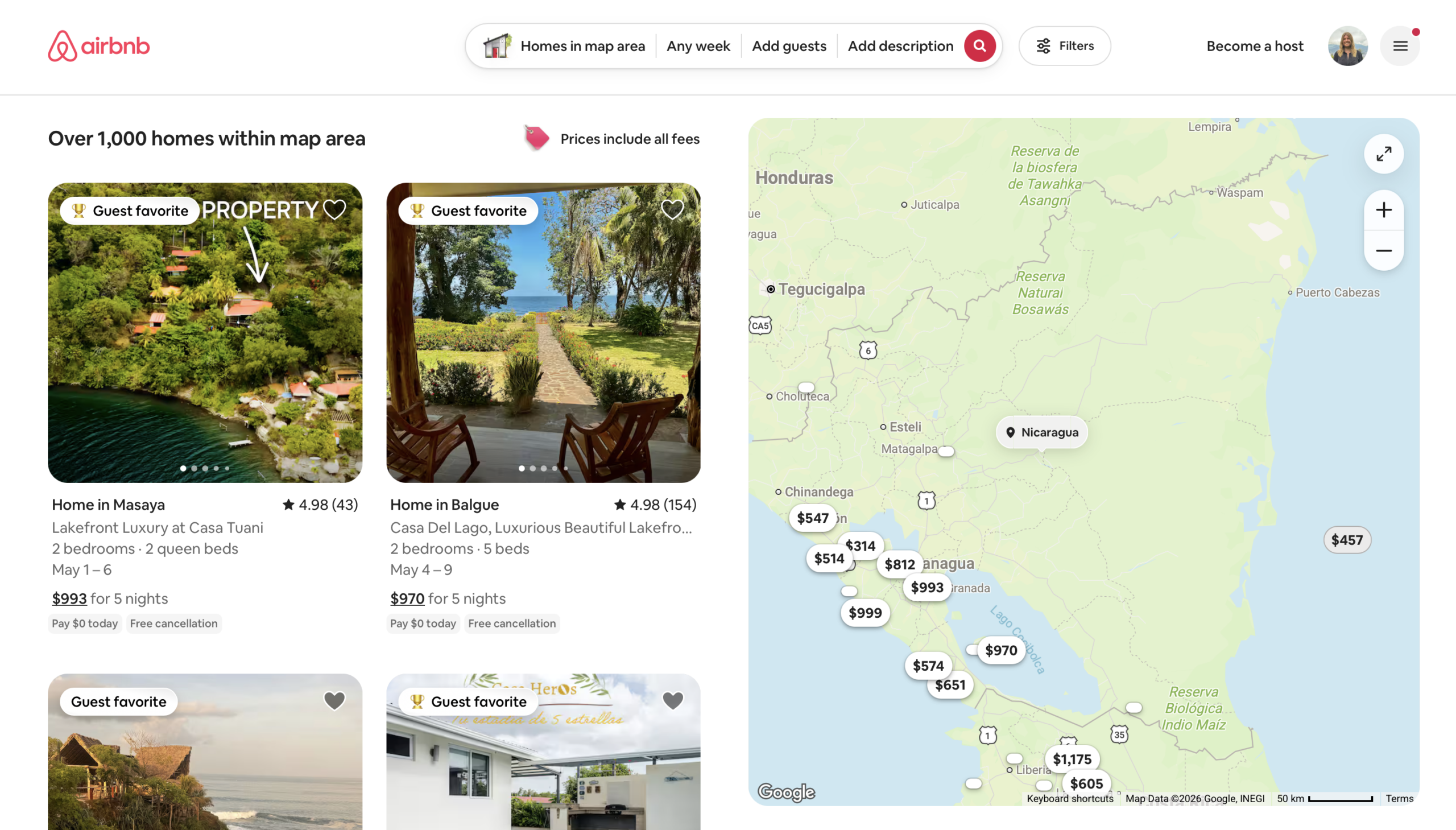 Airbnb search results for listings throughout Nicaragua.