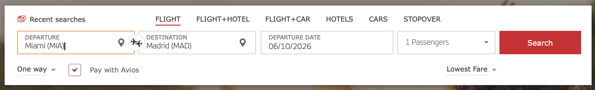 Iberia search bar on the home page
