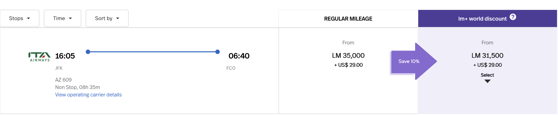 LifeMiles search result JFK to FCO