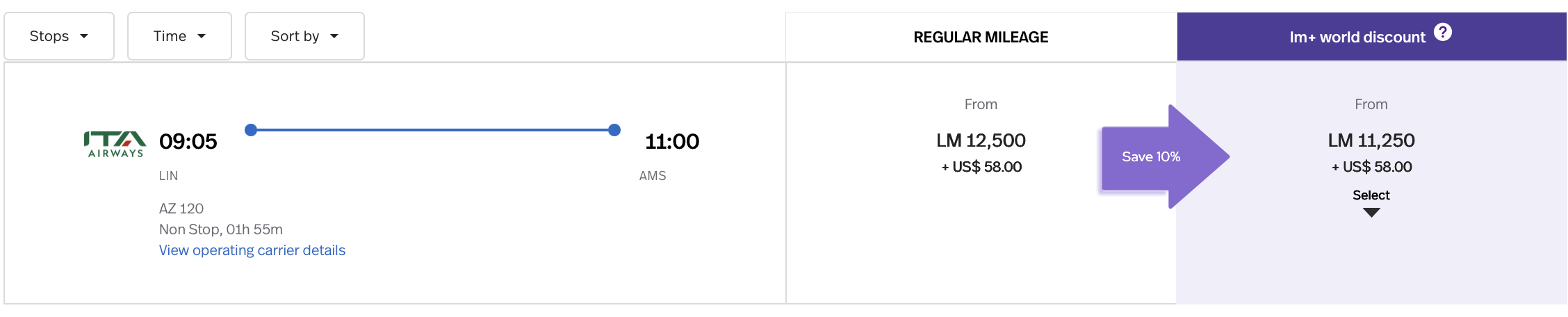 LifeMiles search results LIN to AMS