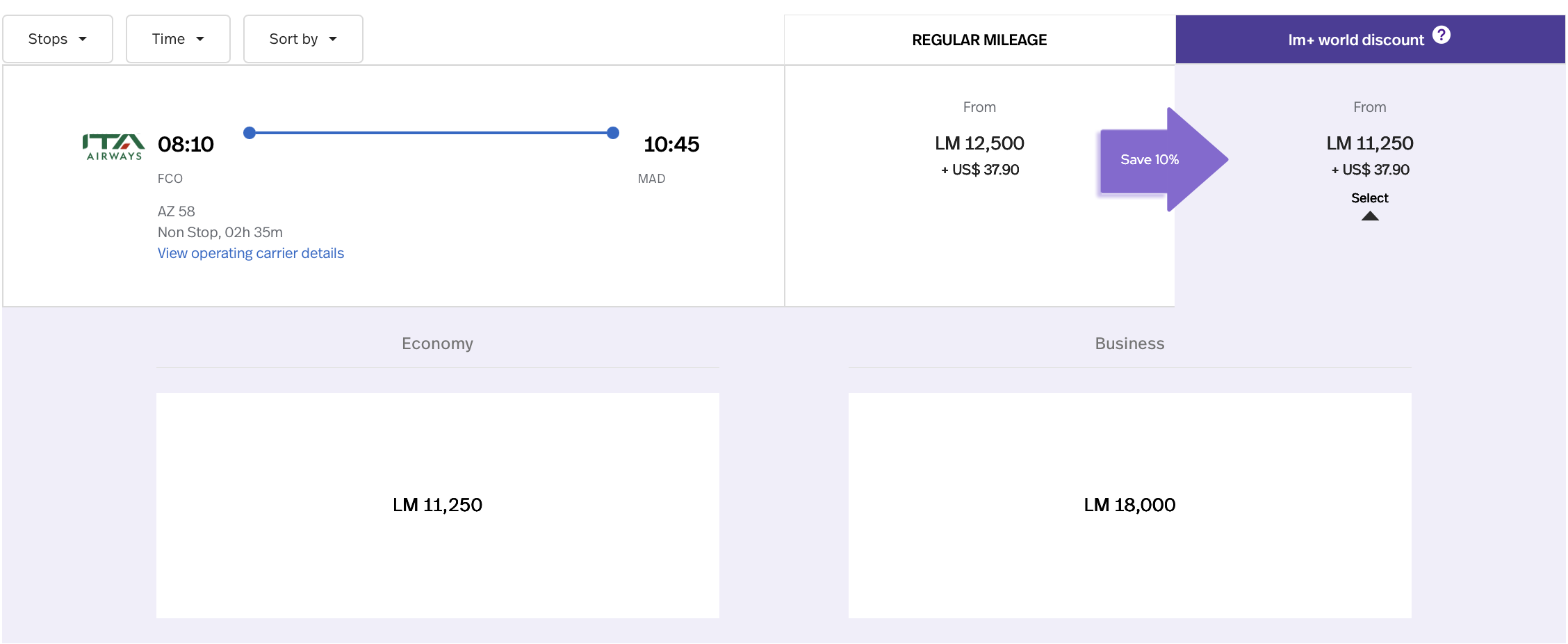 LifeMiles search result FCO to MAD
