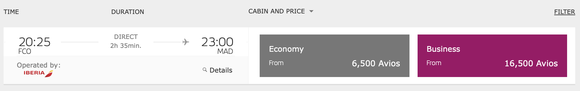 Iberia search results FCO to MAD