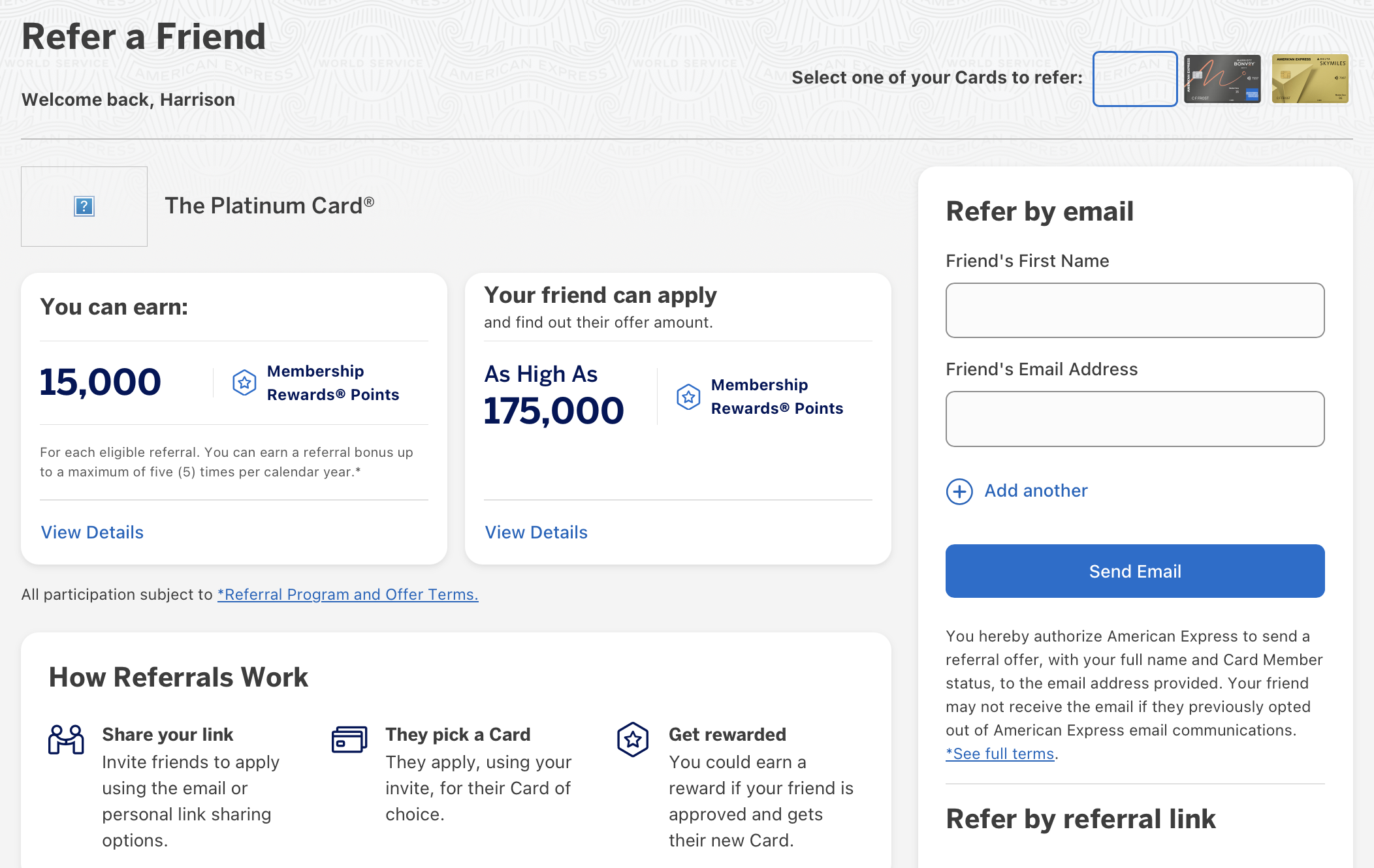 Amex Refer a Friend homepage