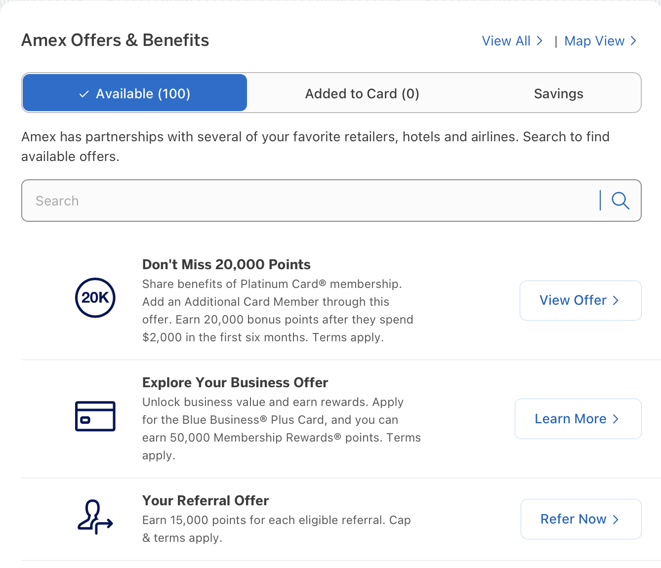 Amex Offer & Benefits section of card account