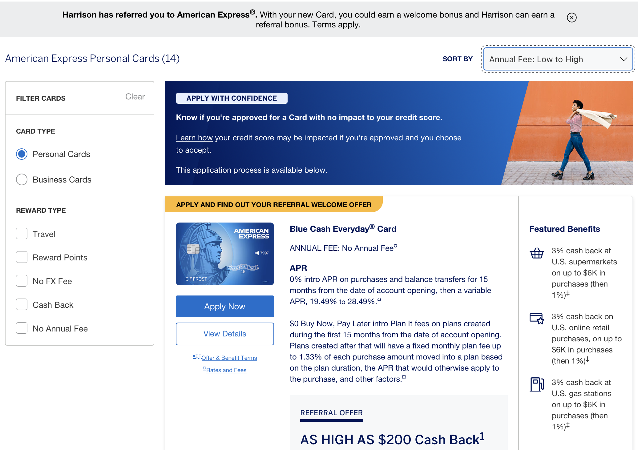 Amex personal card referral page