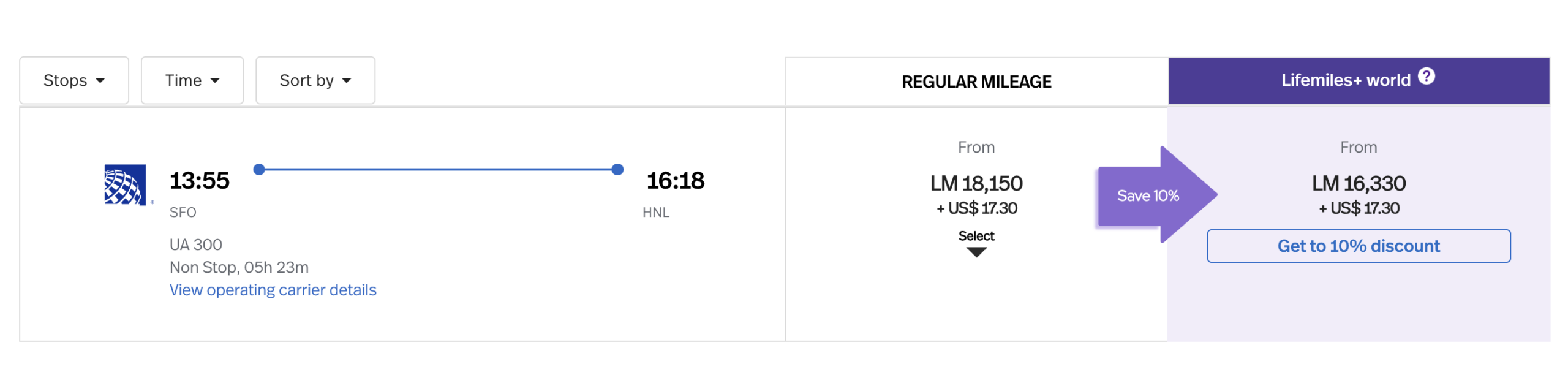 Award search results SFO to HNL