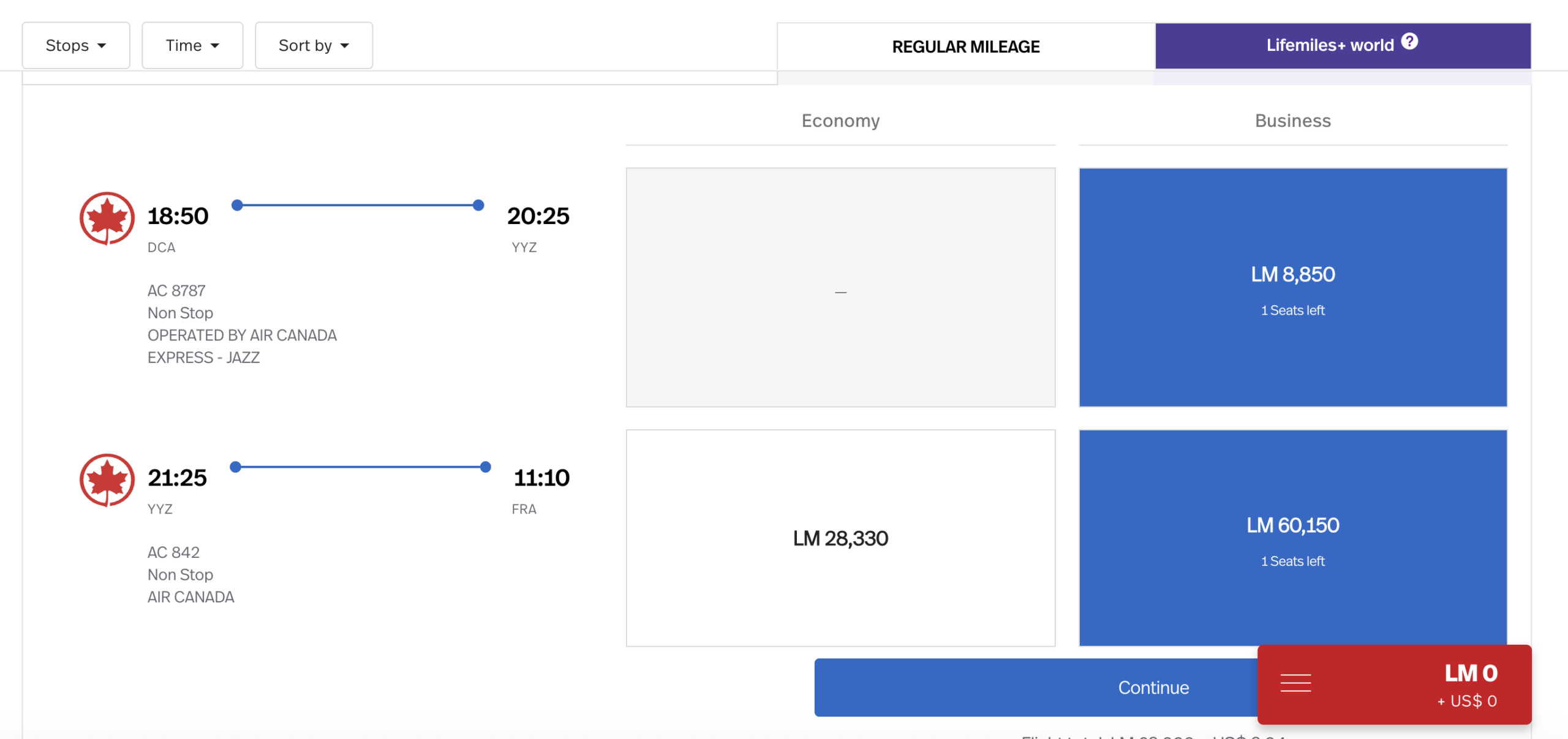 Avianca award redemption results for Air Canada flight