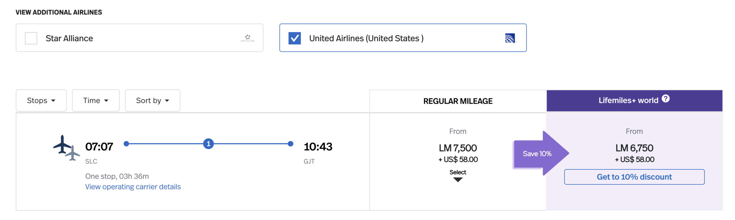 A flight from SLC to GJT stopping in DEN rings up at 7,500 LifeMiles. 